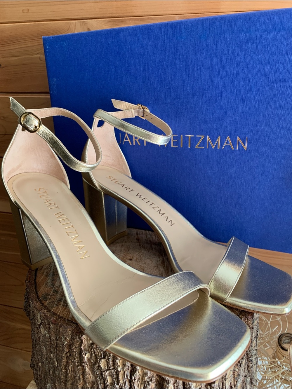 Stuart Weitzman Metallic Gold Ankle-Strap Block Heel Sandals